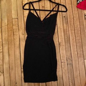 Cowl neck silky black mini dress